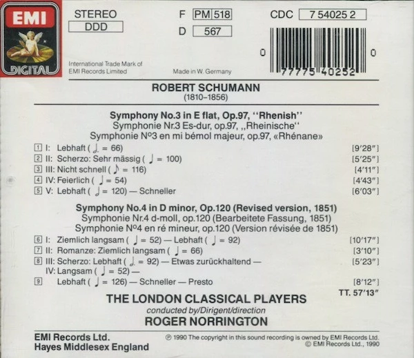 Robert Schumann - Symphonien 3 "Rheinische" & 4 CD (1990) Audio Amazing Value