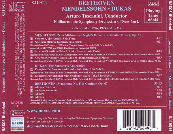 Arturo Toscanini - Beethoven • Mendelssohn • Dukas CD (2001) Audio Amazing Value