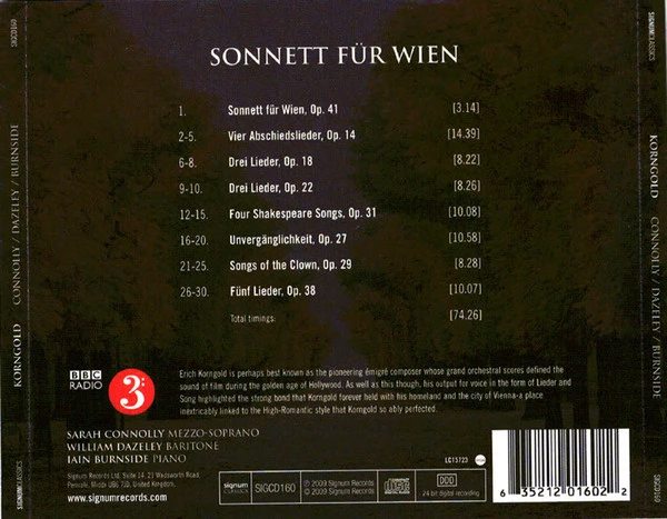 Erich Wolfgang Korngold - Sonnett für Wien - Songs of Erich Korngold CD (2009)