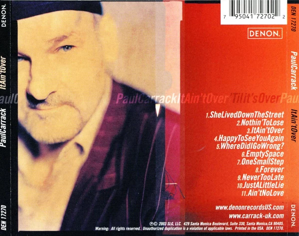 Paul Carrack - It Ain't Over CD (2003) Audio Quality Guaranteed Amazing Value