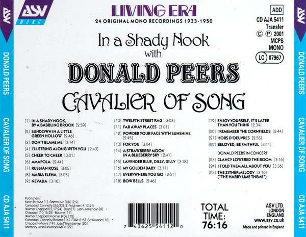 Donald Peers - In A Shady Nook - Cavalier Of Song CD (2001) Audio Amazing Value