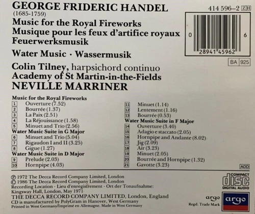 HANDEL - Music For The Royal Fireworks / Water Music CD (1986) Audio
