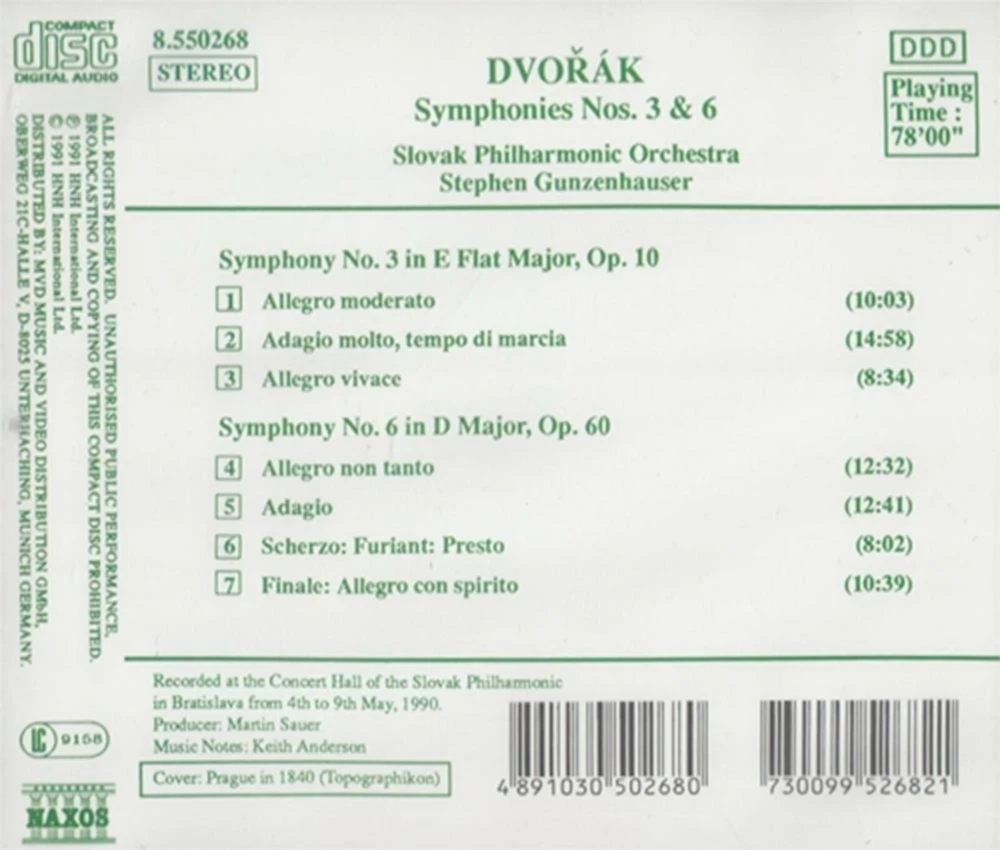 Dvorak - Symphonies No. 3 Op. 10 No. 6 Op. 60 Dvořák Dvorak CD (1991) Audio