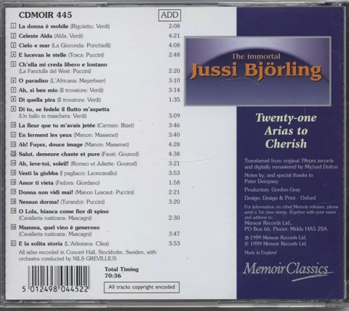 Jussi Bjorling - Immortal Jussi Bjorling CD (1999) Audio Quality Guaranteed