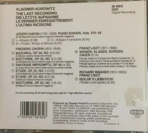 Vladimir Horowitz - The Last Recordings CD (1990) Audio Quality Guaranteed