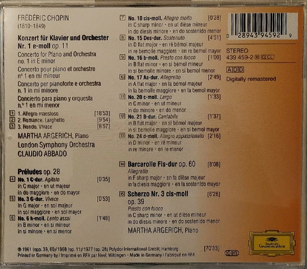 Frédéric Chopin - Chopin: Kavierkonzert Nr. 1 / 10 Préludes U.A. Argerich CD