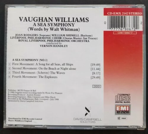 Vernon Handley - Vaughan Williams A Sea Symphony CD (1990) Audio Amazing Value