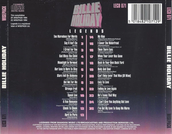 Billie Holiday - Legends CD Audio Quality Guaranteed Reuse Reduce Recycle